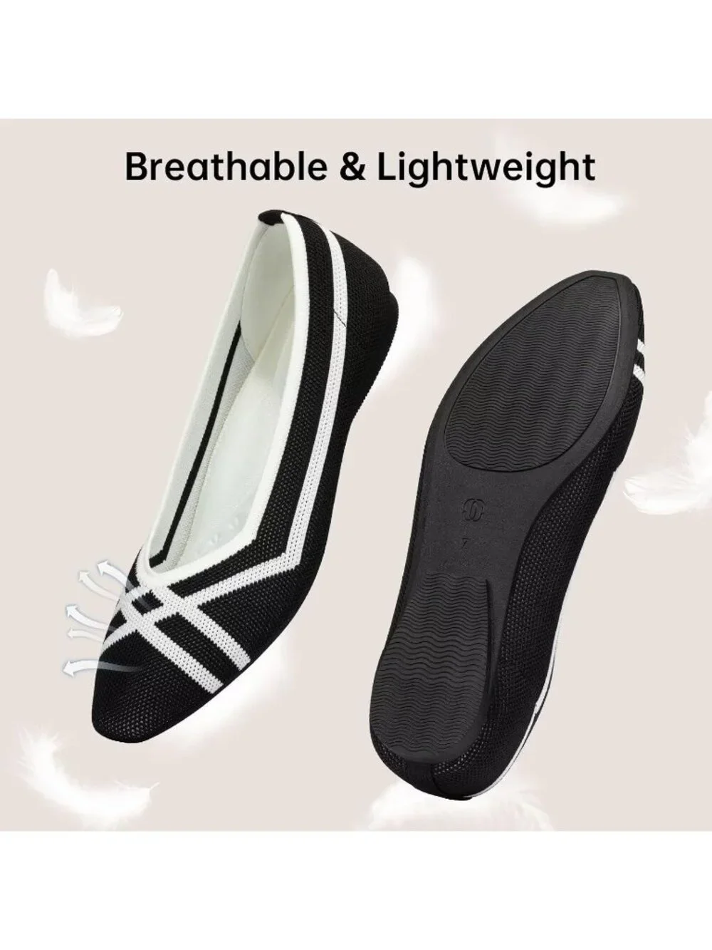 Frank Mully Women's Black White Rubber Knit Square Toe Comfortable Slip On Flats